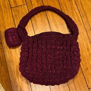 Quilted Ruffle Shoulder Bag in Burgundy
